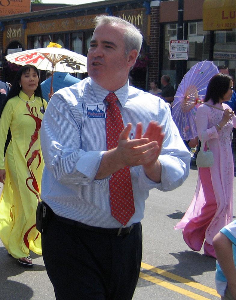 Boston City Councilor Michael Flaherty joins a parade in 2009. Ahead of the September primary elections, Flaherty leads the crop of candidates in fundraising contributions. COURTESY OF WIKIMEDIA COMMONS
