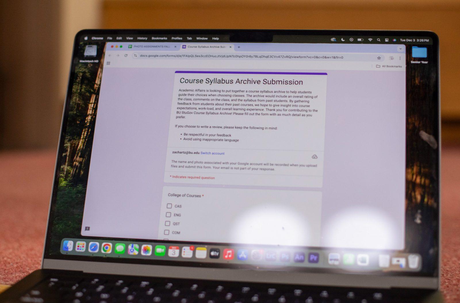 A course syllabus archive submission Google form sent by the Boston University Student Government Academic Affairs Department on Nov. 21. StuGov will create a syllabus archive, a campus-wide database of syllabi from BU courses, to help inform students' decisions during course registrations. ZACH SCHWARTZ/DFP PHOTOGRAPHER