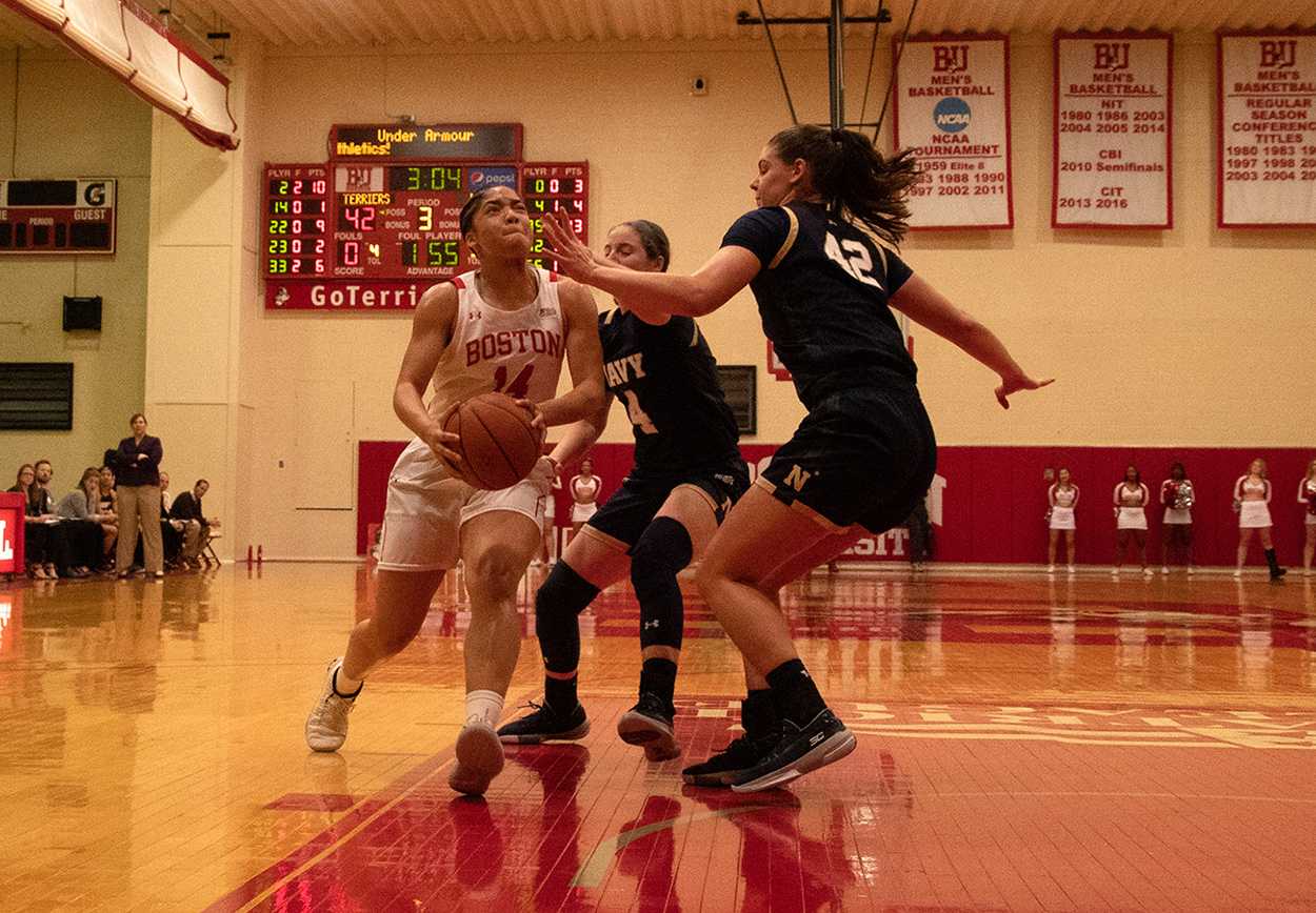 sydney johnson drives for a layup against navy