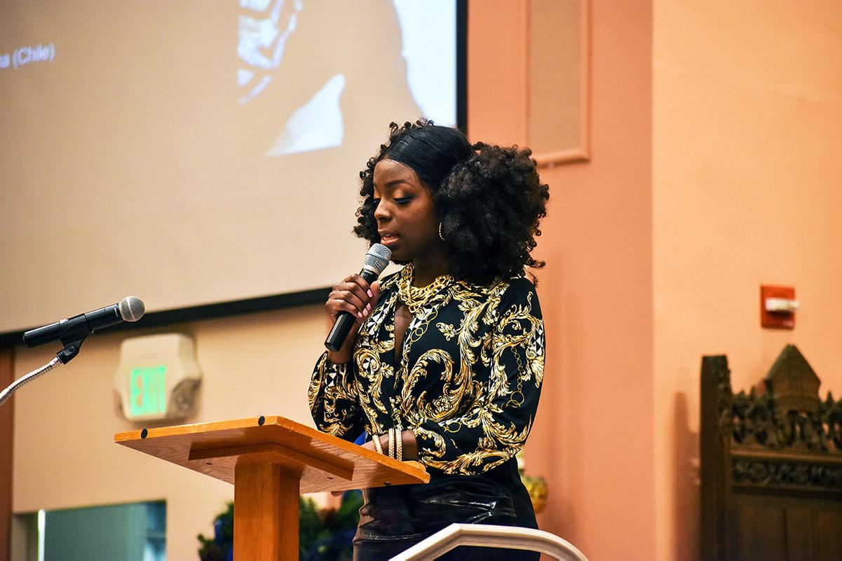 Emcee Lana Horton speaks at the Transgender Day of Remembrance Gathering held at the Cathedral Church of St. Paul Sunday afternoon. LAURYN ALLEN/ DAILY FREE PRESS STAFF