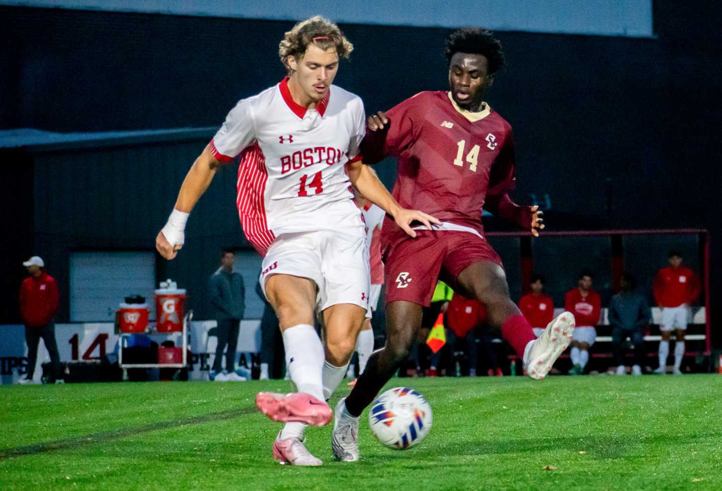 Boston University’s Quin DeLaMater (left) defends against Boston College’s Michael Asare during a BC at BU game on Sept. 24, 2024. The game ended in a 1-1 draw.
KELLY BRODER/DFP PHOTOGRAPHER