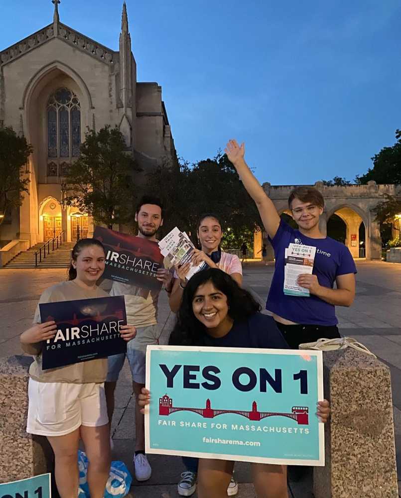 Members of the Boston University College Democrats holding up signs encouraging people to vote yes on Question 1. Various student organizations at BU are encouraging students to vote in the upcoming midterm election. COURTESY OF BU COLLEGE DEMOCRATS VIA INSTAGRAM