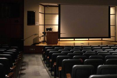 Empty classroom in the questrom school of business