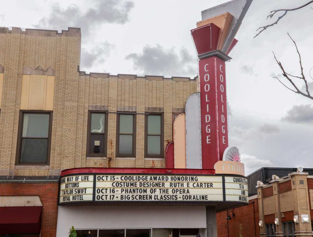 The marquee outside of the Coolidge Corner Theatre in Brookline. Academy Award winning costume designer Ruth E. Carter was honored with a Coolidge Award on Sunday. JULIA DESANTIS/ DFP PHOTOGRAPHER