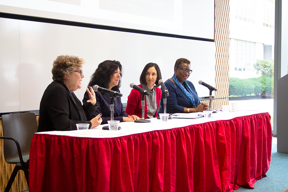 Political Science professor Virginia Sapiro speaks to mayors Donna Holaday of Newbury, Ruthanne Fuller of Newton and Yvonne Spicer of Framingham at a panel on female empowerment in politics in the Rajen Kilachand Center on Tuesday. EMILY HARDY/ DAILY FREE PRESS STAFF