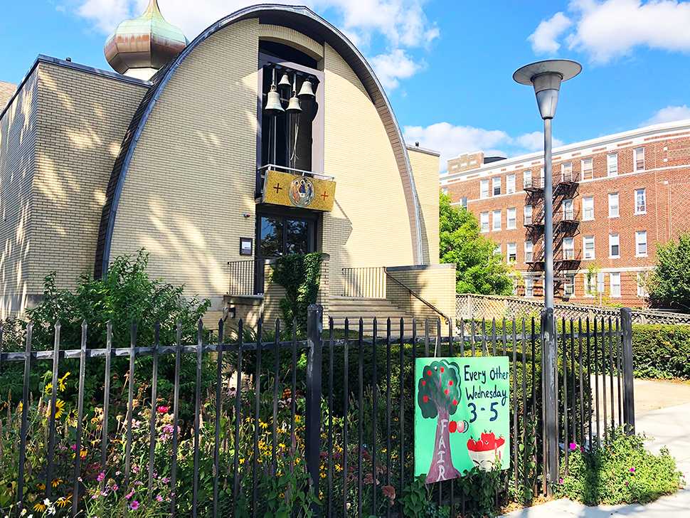 The Holy Trinity Orthodox Cathedral in Fenway, one of the sites where Dorchester-based organization Fair Foods sells $2 plastic bags of fresh produce to low-income residents. SARAH BURNICK/ DAILY FREE PRESS STAFF