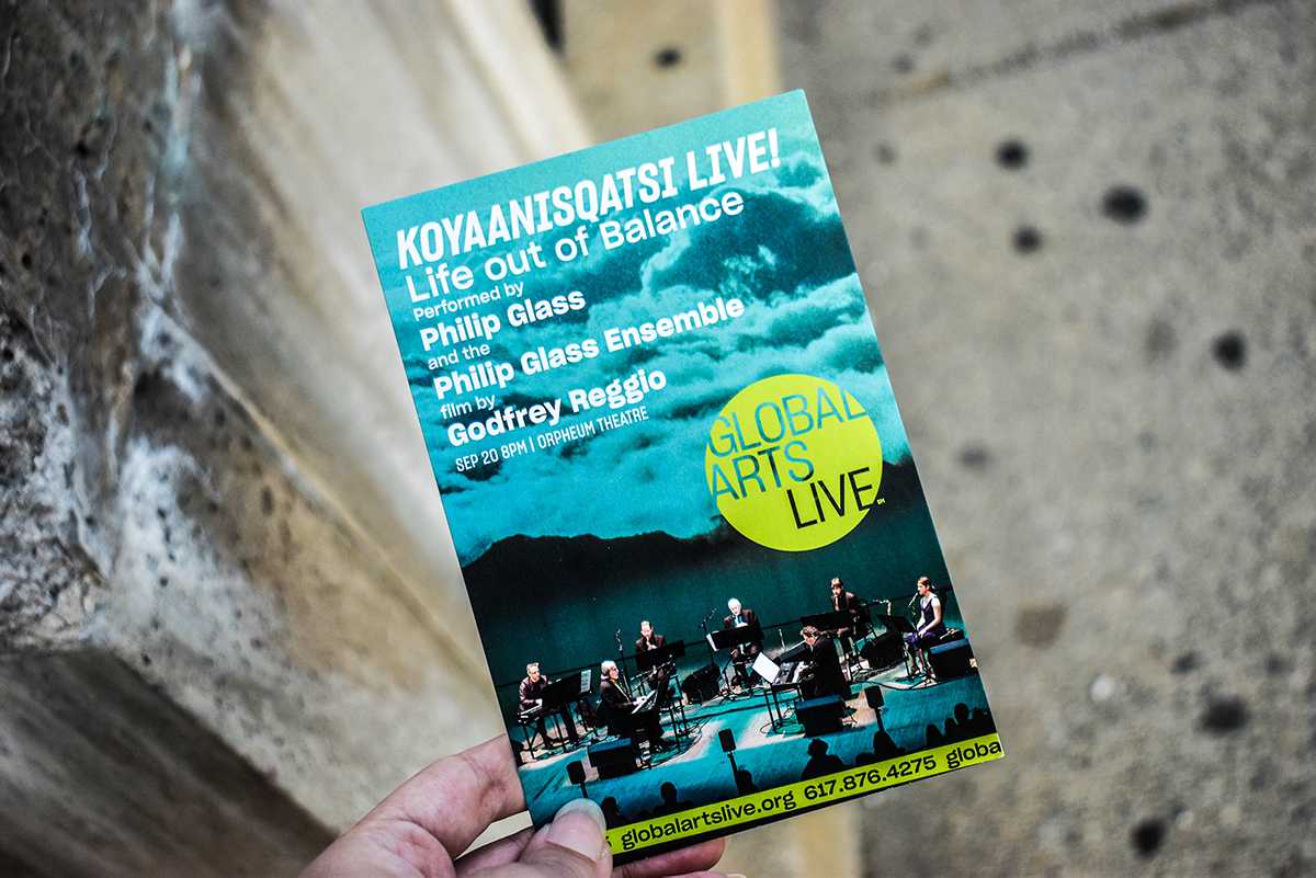 A flyer for the “Life Out of Balance” event with composer Philip Glass hosted by Global Arts Live at WBUR on Friday night. LAURYN ALLEN/ DAILY FREE PRESS STAFF
