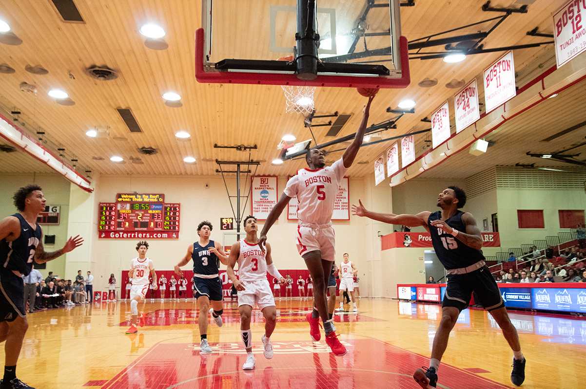 Boston University men's basketball in a game against the University of New Hampshire Nov. 16, 2019. The Terriers' series against Colgate University was postponed Saturday. RACHEL SHARPLES/ DFP FILE