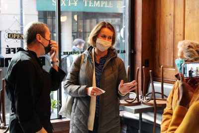 boston city councilwoman annissa essaibi george talks to small business owners in downtown crossing