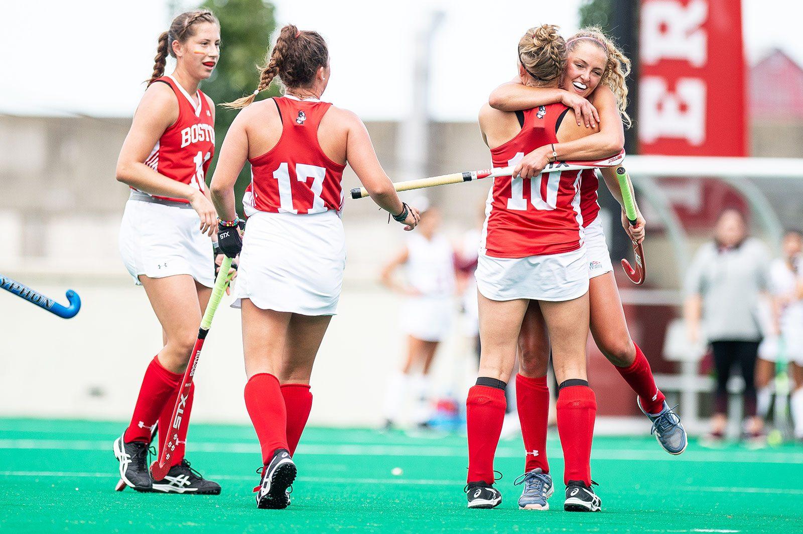 Members of the Boston University women’s field hockey team during a match against Colgate University in September, 2018. MADDIE MAHOLTRA/ DAILY FREE PRESS STAFF 
