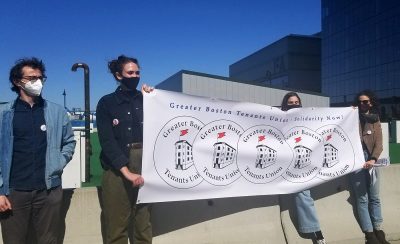 greater boston tenants union protestors outside the institute of contemporary art