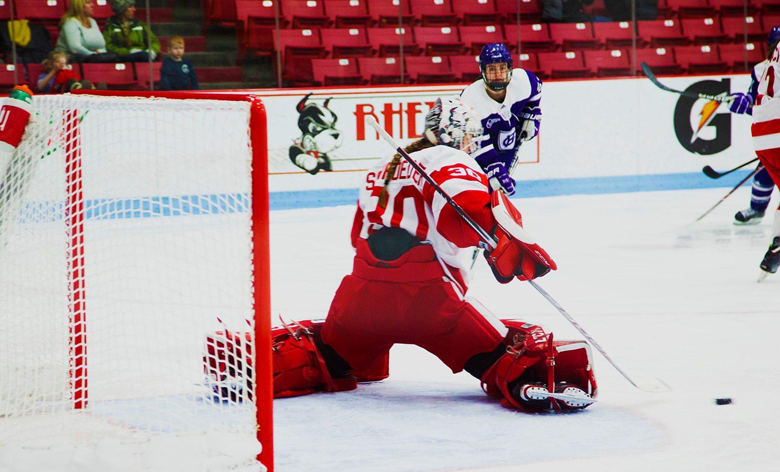 Sophomore Corinne Schroeder in a match last season. Schroeder made 22 saves in BU's win over Union College on Sunday. EMILY HUNTER/ DFP FILE