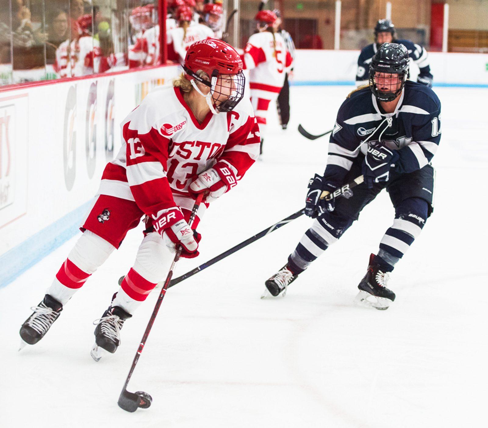 Senior forward Natasza Tarnowski in a game against the University of New Hampshire in October 2018. Tarnowski scored her first goal of the season in the game against Merrimack University Friday. MAISIE MANSFIELD-GREENWALD/ DFP FILE
