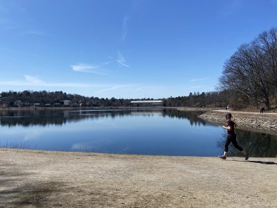 runner at chestnut hill reservoir in chestnut hill massachusetts