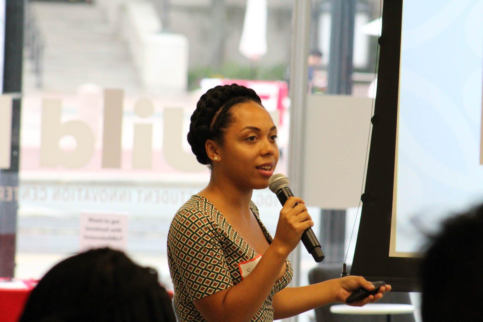 Sonya Chang (COM ‘19) speaks at “Diverse Voices of Innovation: Lightning Talks from Millennial Terriers.” COURTESY OF AHLEA ISABELLA 