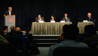 Three panelists discuss the pros and cons of divesting from fossil fuels at a public forum in the George Sherman Union Conference Auditorium in late February. The BU community’s efforts were rewarded Friday by the Advisory Committee on Socially Responsible Investing. PHOTO BY BRIAN SONG/DAILY FREE PRESS STAFF