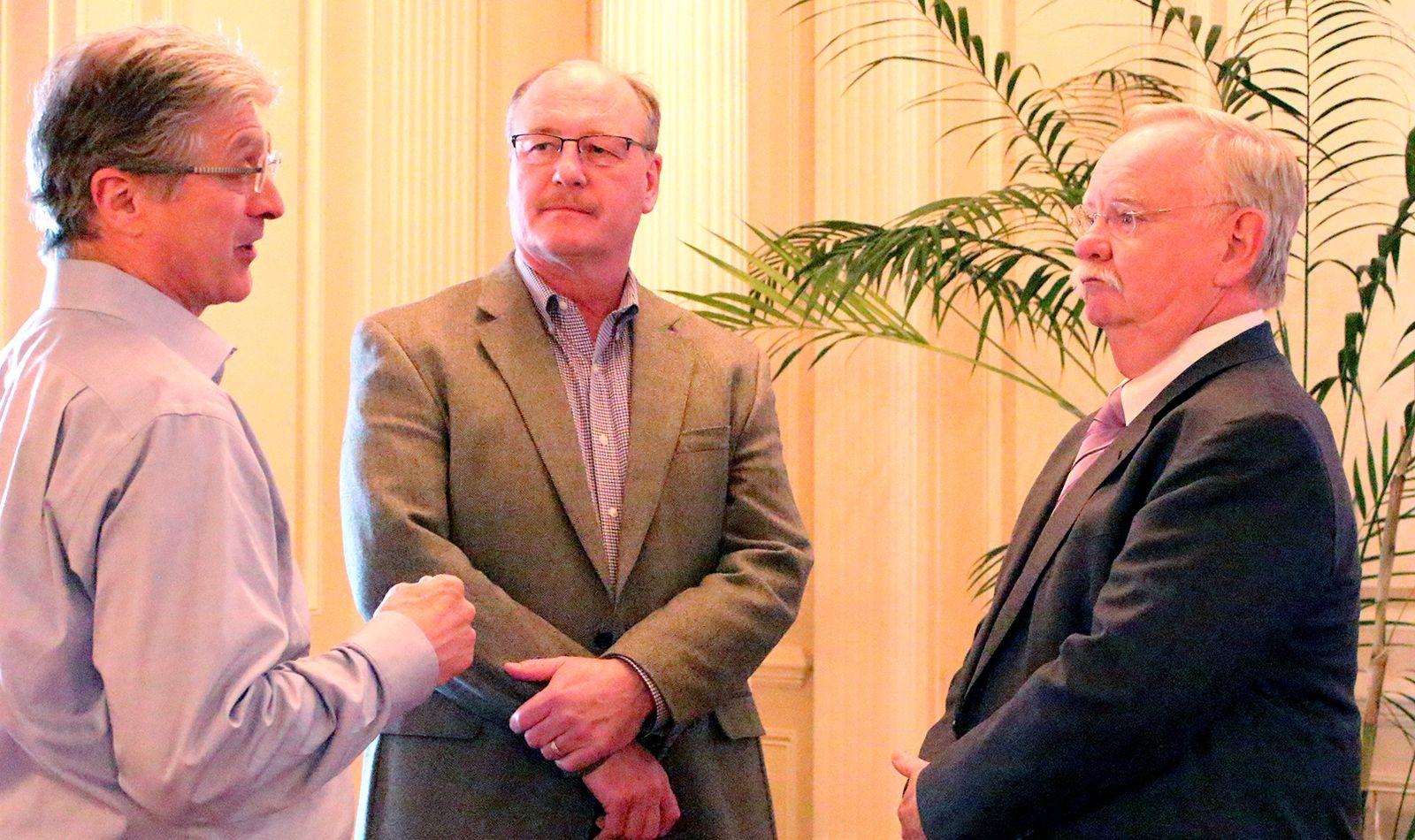 Frederick S. Pardee School of Global Studies Director Anthony Janetos, Clinical Operations and Finance Director John Reilly and Boston University President Robert Brown attend a forum on fossil fuel divestment Thursday in the Metcalf Trustee Center Ballroom. PHOTO BY MAE DAVIS/DAILY FREE PRESS STAFF
