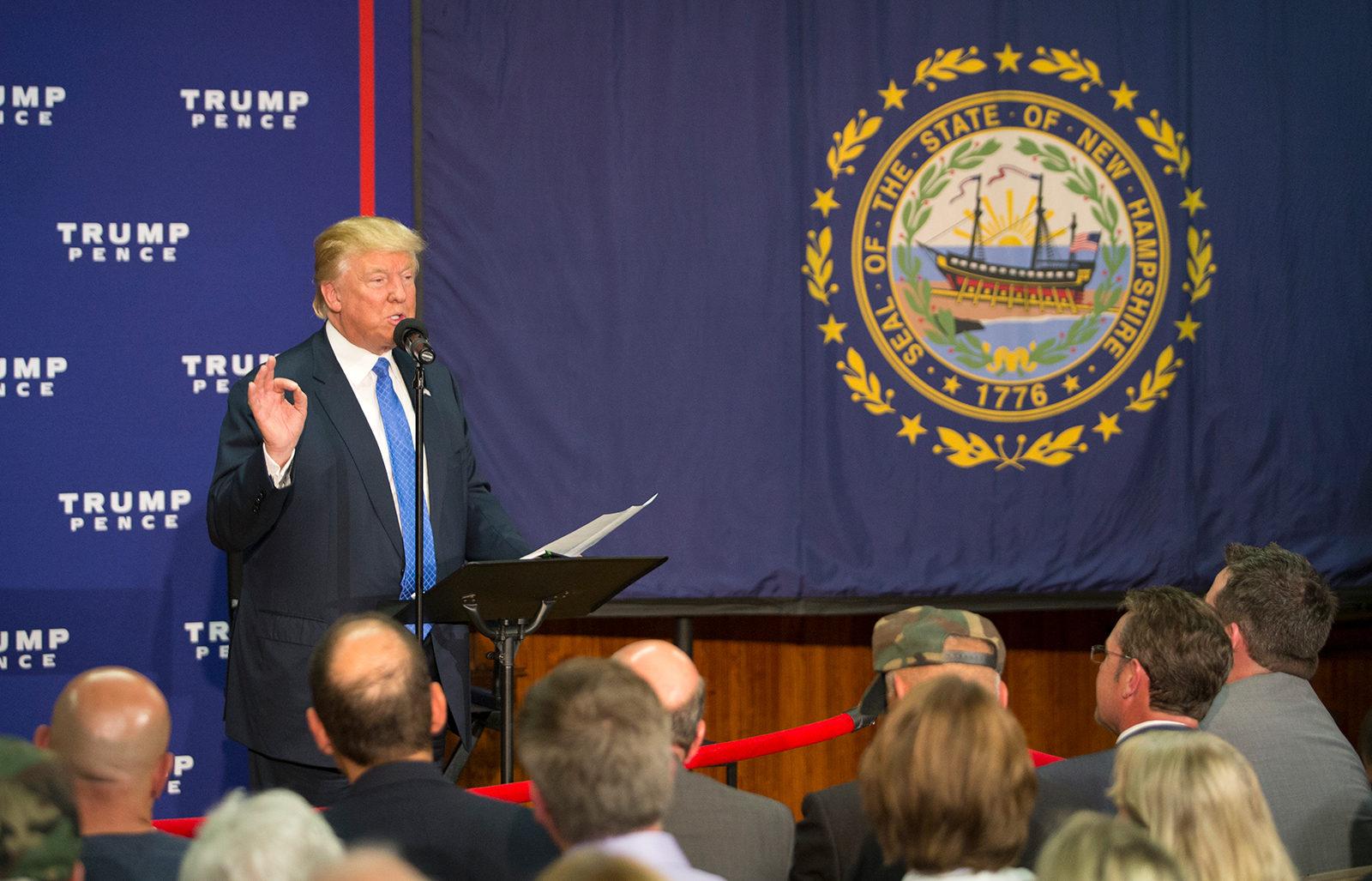 President Donald Trump speaks in Sandown, New Hampshire in October 2016. PHOTO BY SARAH SILBIGER/ DFP FILE PHOTO