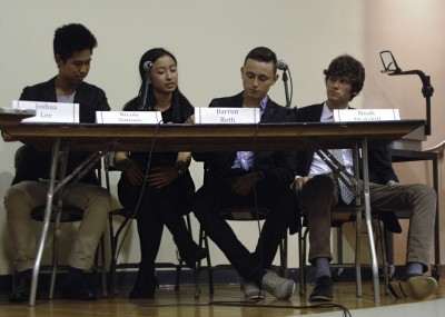 Members of the BUtiful Dreamers Student Government slate Joshua Lee (SMG '16), Nicole Simons (CAS '16), Barron Roth (ENG '17) and Noah McAskill (SMG '16) speak at a slate debate in the George Sherman Union Thursday. PHOTO BY ALEX MASSET/DAILY FREE PRESS STAFF 