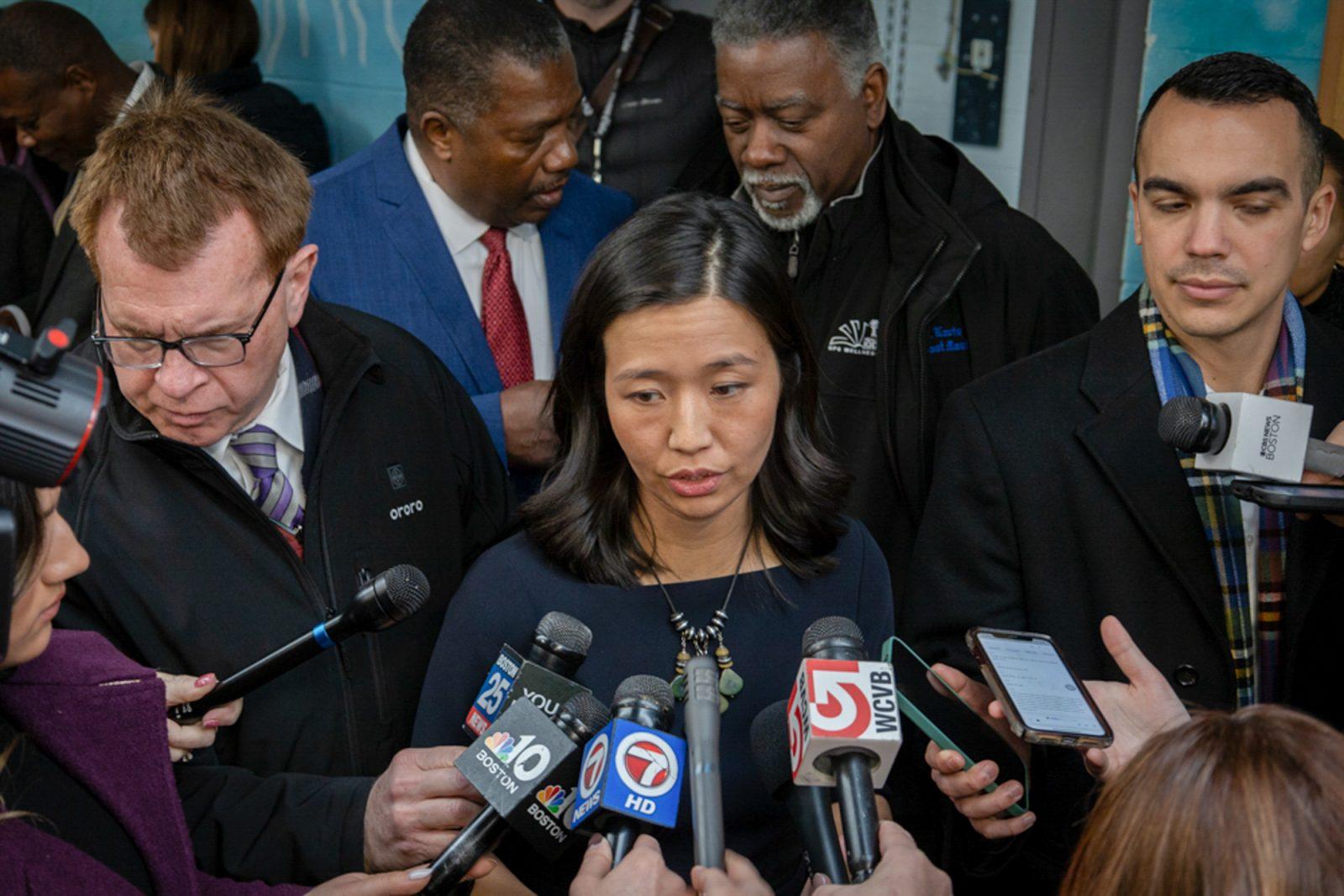 Boston Mayor Michelle Wu speaks to reporters in January. The City of Boston announced the receivers of the 2024-25 Youth Development Fund, an initiative that supports Boston youth organizations and programs. MATTHEW EADIE/DFP PHOTOGRAPHER