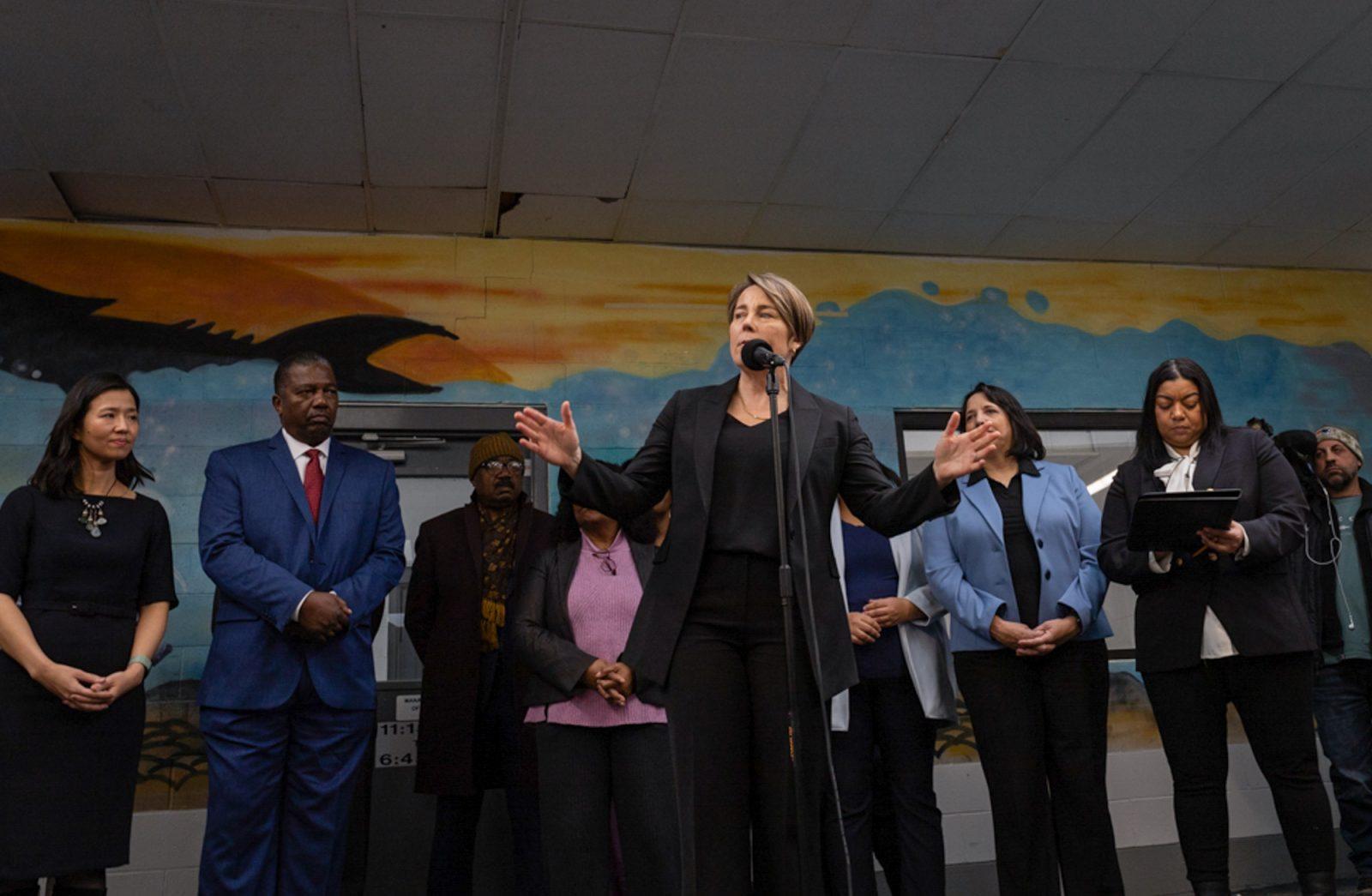 Governor Maura Healey speaks at a press conference in the Melnea Cass recreational complex in Roxbury on January 31, 2024. The Healey-Driscoll administration released the first comprehensive housing plan in Massachusetts’ history to address a decades-long housing crisis, pledging to build 222,000 new housing units by 2035. MATTHEW EADIE/DFP PHOTOGRAPHER