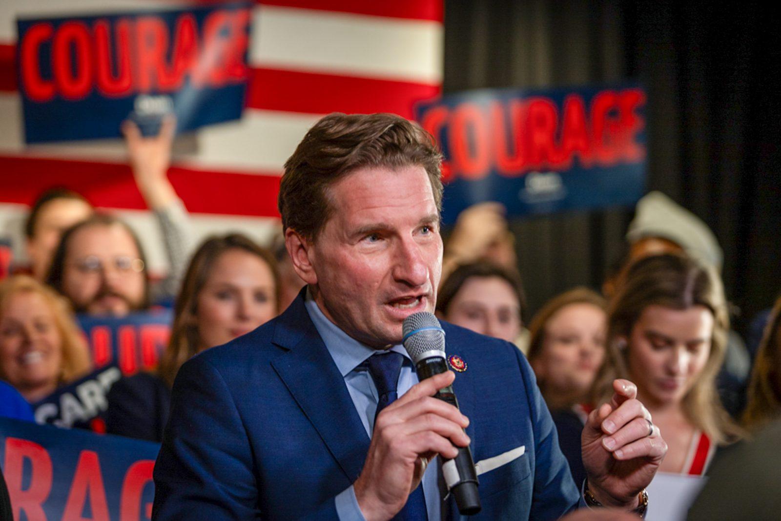 Democratic presidential candidate Rep. Dean Phillips speaks to supporters at a primary night event in Manchester, New Hampshire. Rep. Phillips came in second in the New Hampshire Democratic primary behind a successful write-in Biden campaign on Tuesday. MATTHEW EADIE/ DFP PHOTOGRAPHER