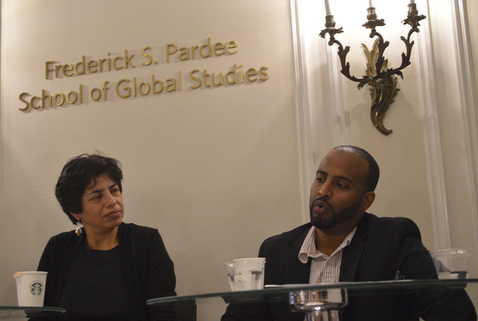 Michael Woldemariam, a professor in the Frederick S. Pardee School of Global Studies at Boston University, talks about the reaction to the U.S. presidential election in Africa as part of a discussion on the election’s global impact. PHOTO BY CAROLYN KOMATSOULIS/ DAILY FREE PRESS STAFF