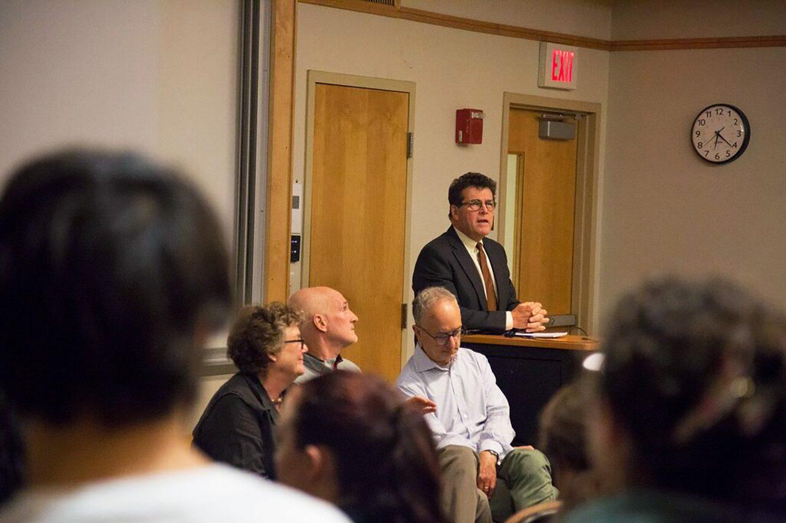 During an election discussion held in the College of General Studies on Nov. 10, Boston University College of Communication Dean Thomas Fiedler addresses the media's role in the election. PHOTO BY NATALIE CARROLL/ DAILY FREE PRESS STAFF 