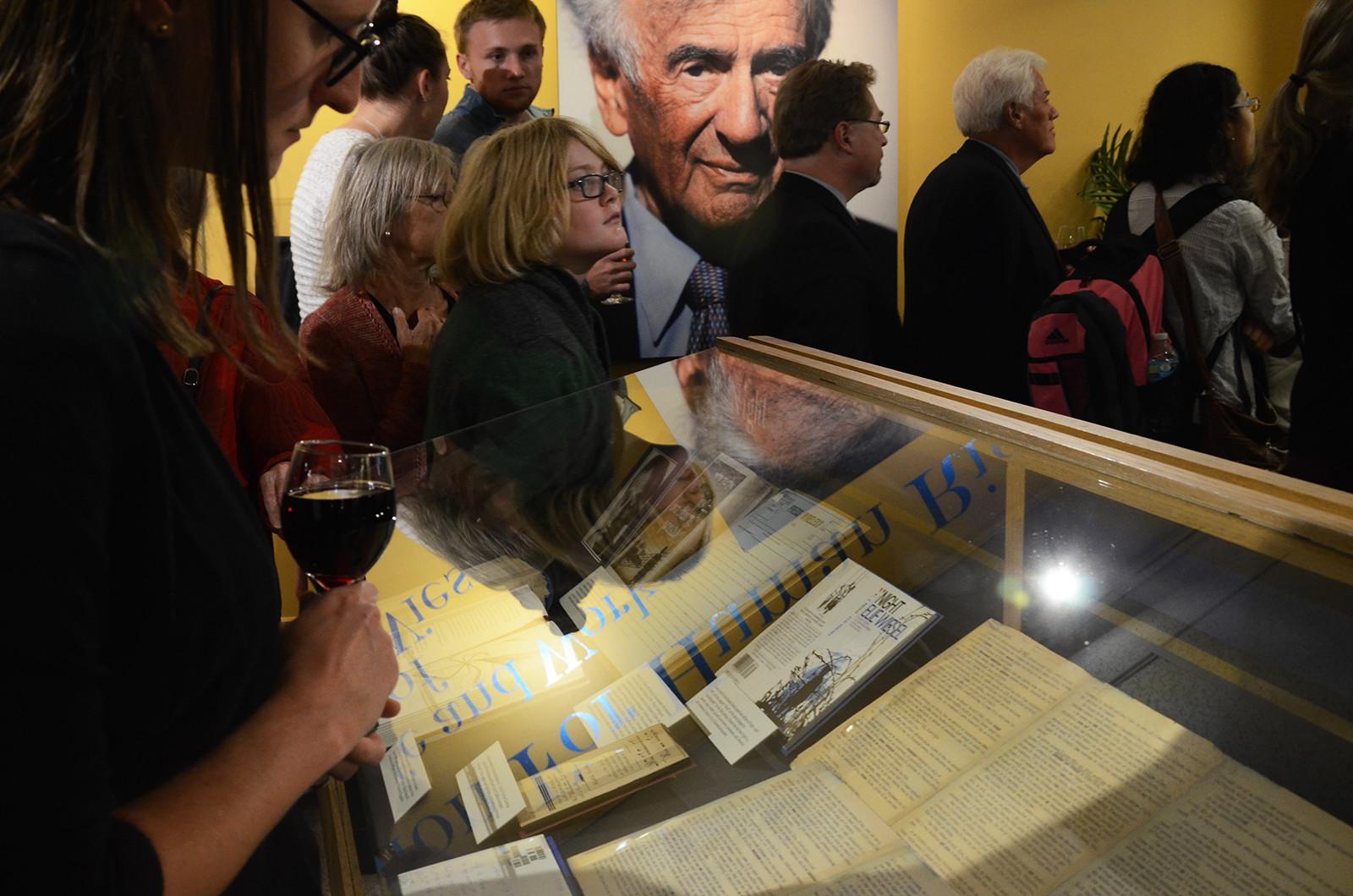 An exhibit celebrating the life of Elie Wiesel, "Champion for Human Rights: The Life and Work of Elie Wiesel," opened Sunday in the Mugar Memorial Library. PHOTO BY DANIE