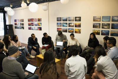 The Street Bio team speaks on Sunday about their invention Biota Beats, a record player that holds a petri dish of microbiota and turns it into sound. PHOTO BY KANKANIT WIRIYASAJJA/ DAILY FREE PRESS STAFF