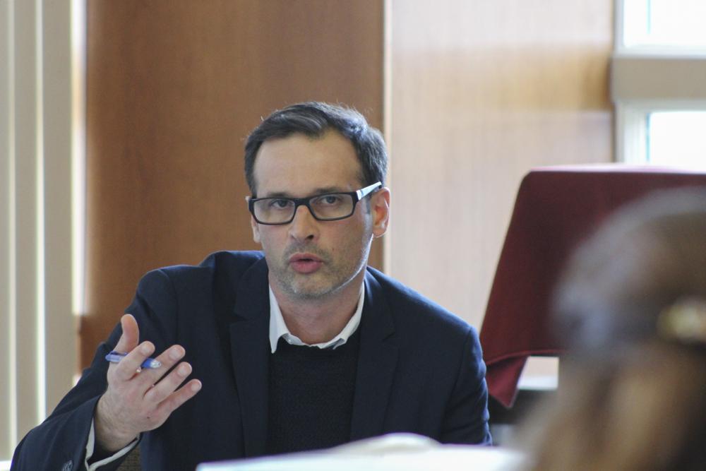 Pierre Piazza speaks at Face-Off: Facial Recognition Technologies and Humanity in an Era of Big Data on April 18. The Division of Emerging Media Studies of Boston University’s College of Communication hosted the symposium. PHOTO BY RACHEL SHARPLES/DAILY FREE PRESS STAFF 