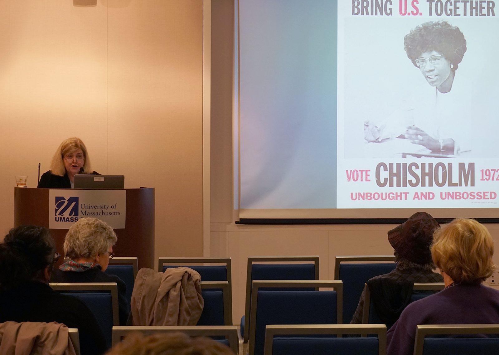 University of New Hampshire professor Ellen Fitzpatrick, author of “The Highest Glass Ceiling: Women's Quest for the American Presidency,” speaks at the University of Massachusetts Boston about political leadership and the 2016 presidential election. PHOTO BY JUNE KIM/ DAILY FREE PRESS STAFF