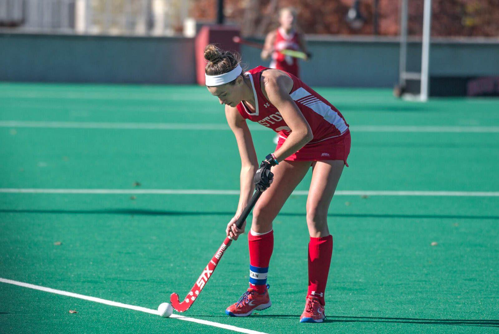 Senior midfielder Allie Doggett in the Patriot League championship match against American University Sunday. Doggett was named to the All-Patriot League First Team and Academic All-Patriot League Team. MAISIE MANSFIELD-GREENWALD/ DAILY FREE PRESS STAFF