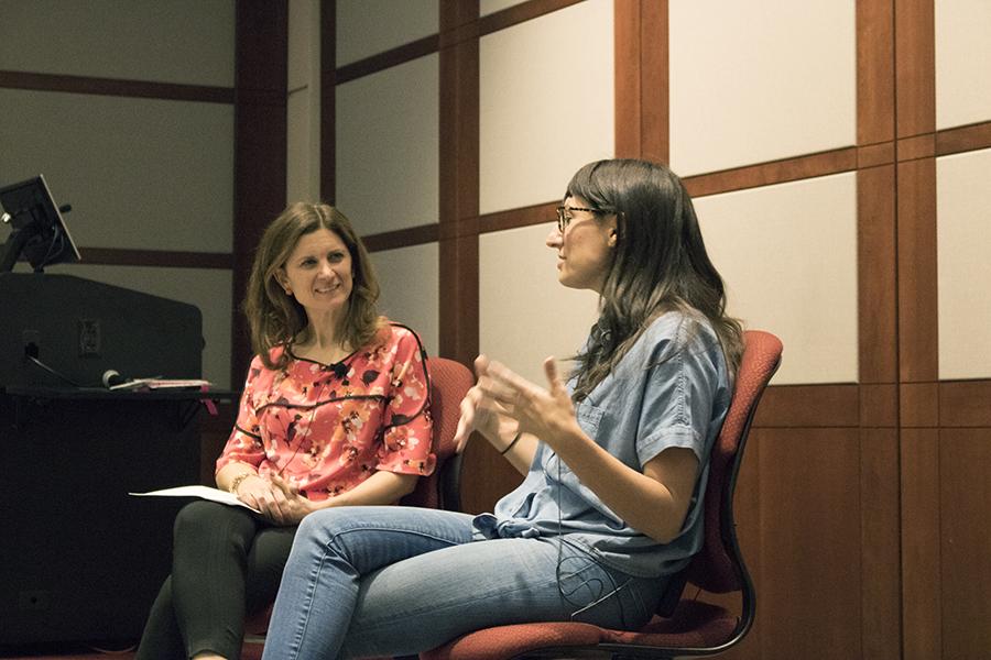 Jessica Bennett speaks during her interview with Rachel Spooner on April 12. Bennett is the author of the book “Feminist Fight Club.” PHOTO BY JOHN LITTLE/DAILY FREE PRESS STAFF
