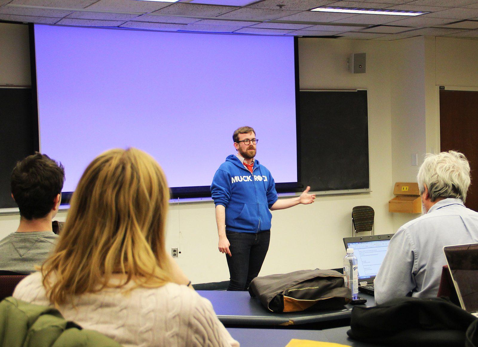 J. Patrick Brown, the executive editor of MuckRock, talks about how to tap into government databases through public records. PHOTO BY RUI HUANG/ DAILY FREE PRESS STAFF