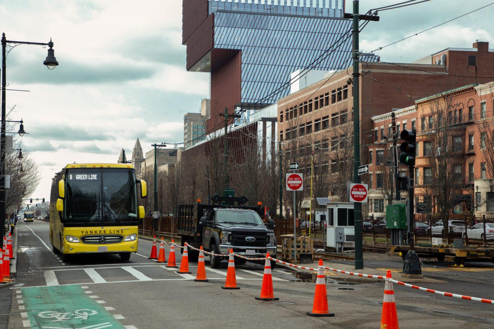 Closed MBTA green line B branch tracks and a shuttle bus that replaces train service between Babcock and North Station. Boston University students are struggling to get to class amidst the track maintenance that will last until Jan. 28. BARRETT WALSH/DFP PHOTOGRAPHER