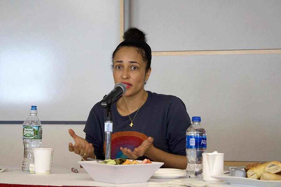 Author Zadie Smith speaks during a BU book club breakfast held at BU on Monday. Smith was on campus to talk about her novel “Swing Time.” PHOTO BY ALLEGRA PEELOR/ DAILY FREE PRESS STAFF

