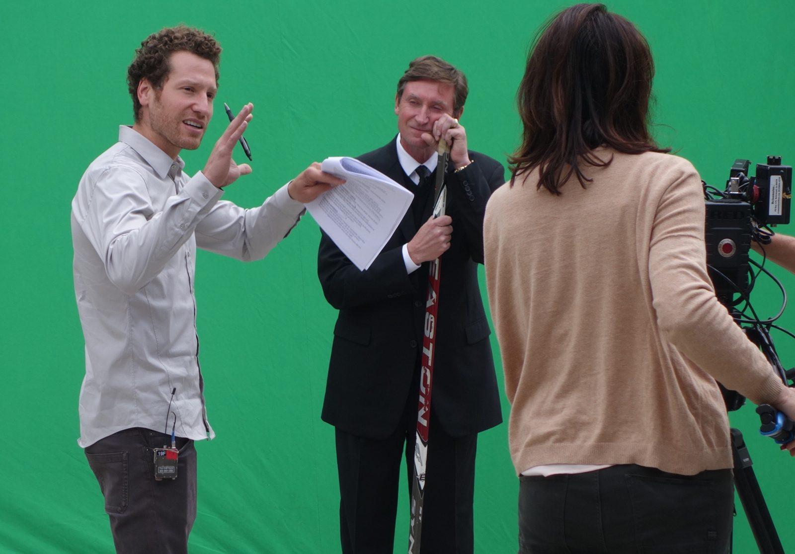 Gabe Polsky (left) directs Wayne Gretzky (center) in his latest documentary “In Search of Greatness,” which opens in theaters Friday. COURTESY OF AOS FILMS