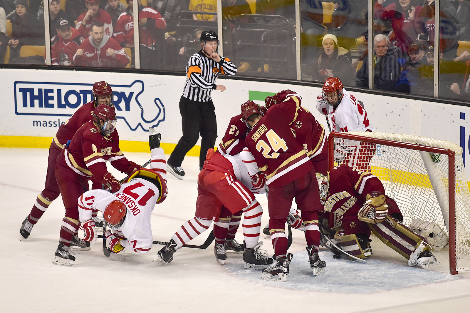 BU came close to sneaking one past Thatcher Demko, but he deterred each of BU's 30 shots. PHOTO BY MADDIE MALHOTRA/DAILY FREE PRESS STAFF