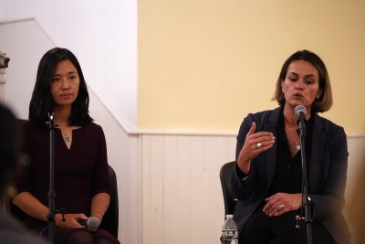 Mayoral candidate Annissa Essaibi-George speaks during a debate against candidate Michelle Wu