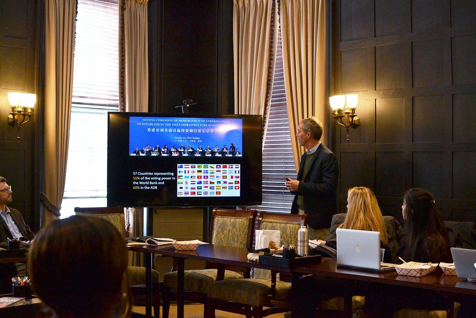 Scott Morris, director of the U.S. Development Policy Initiative, gives a presentation about international finance Friday afternoon. PHOTO BY CHLOE GRINBERG/ DAILY FREE PRESS STAFF