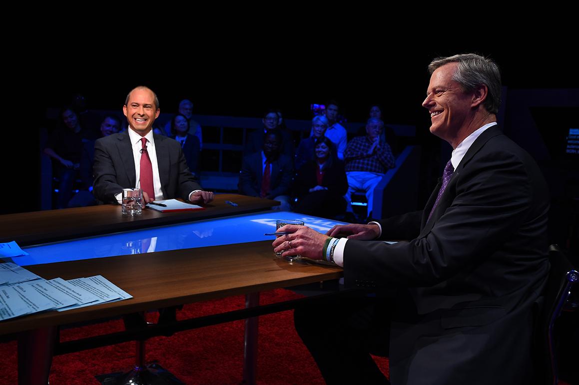 Republican Massachusetts Gov. Charlie Baker in a debate against Democratic challenger Jay Gonzalez Oct. 17. The gubernatorial debate was one of a number of recent debates as voters gear up to head to the polls Nov. 6. COURTESY OF MEREDITH NIERMAN/ WGBH NEWS