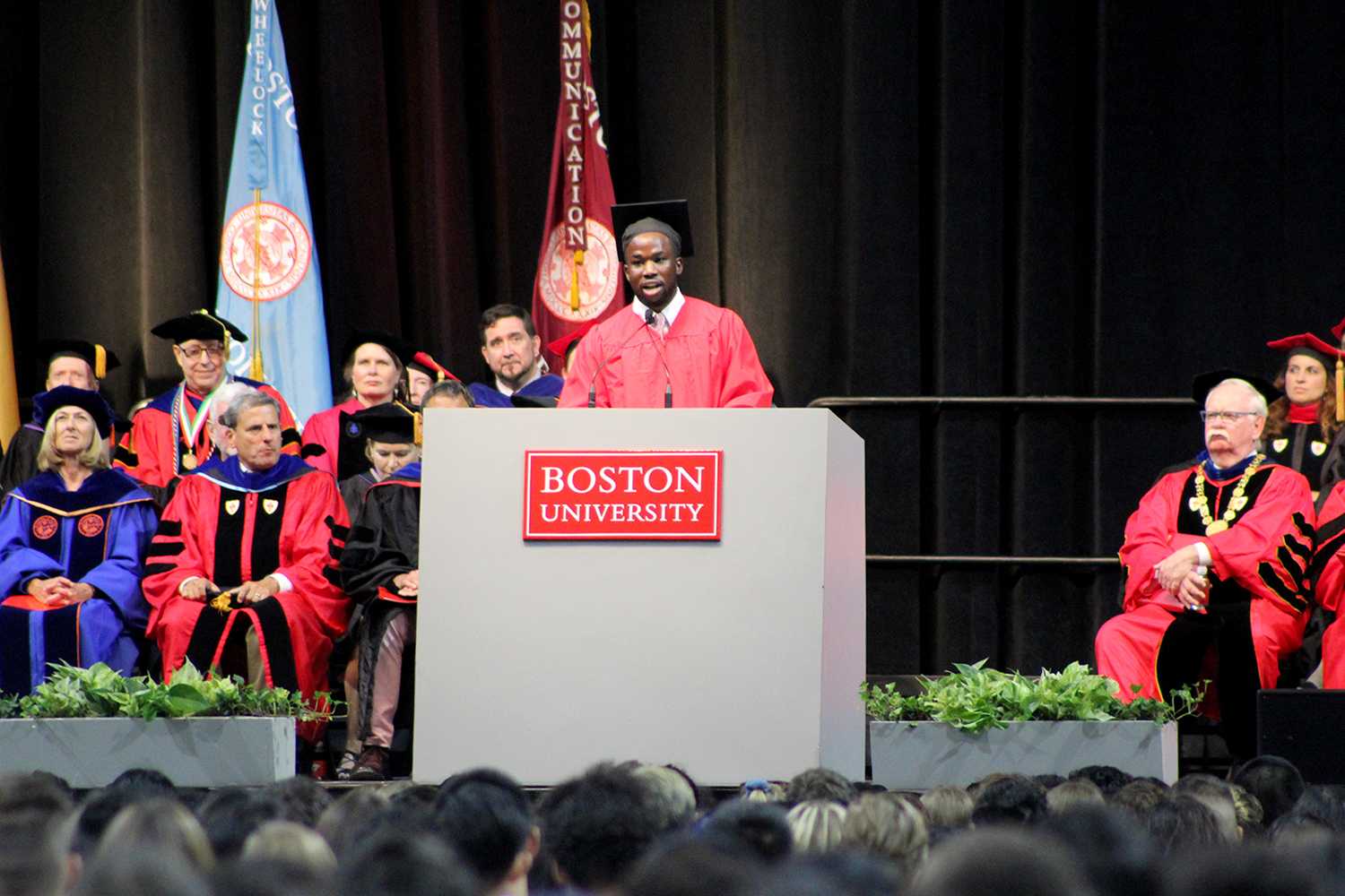 Boston University Student Government President Devin Harvin addresses the class of 2022 at Sunday’s matriculation ceremony. PHOTO BY RACHEL SHARPLES/ DAILY FREE PRESS STAFF