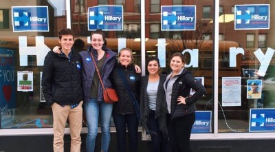 Members of Boston University Students for Hillary pose in front of a campaign office in Nashua, New Hampshire. PHOTO COURTESY BOSTON UNIVERSITY STUDENTS FOR HILLARY 