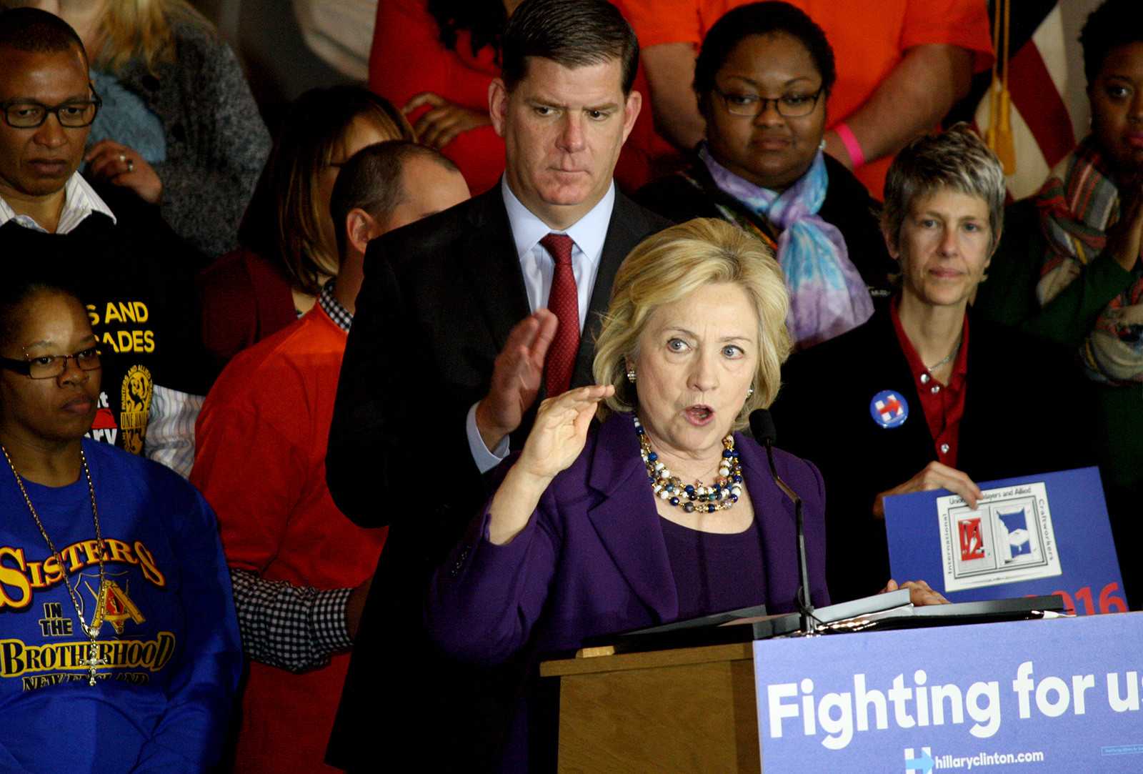 Hillary Rodham Clinton spoke during a grassroots organizing meeting and was joined by Boston Mayor Martin Walsh at Faneuil Hall Sunday. PHOTO BY BETSEY GOLDWASSER/DAILY FREE PRESS STAFF