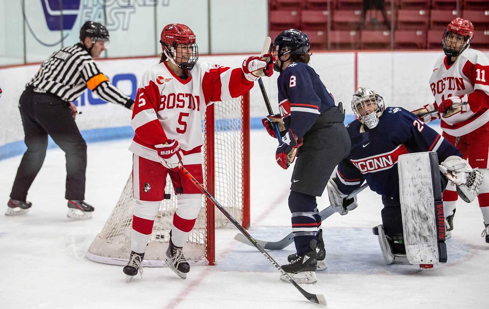 Boston University women’s hockey forward Courtney Correia in a Feb. 22, 2020 game against the University of Connecticut. Correia scored two goals in the Terriers’ sweep of Merrimack College last weekend. LAURYN ALLEN/ DFP FILE 