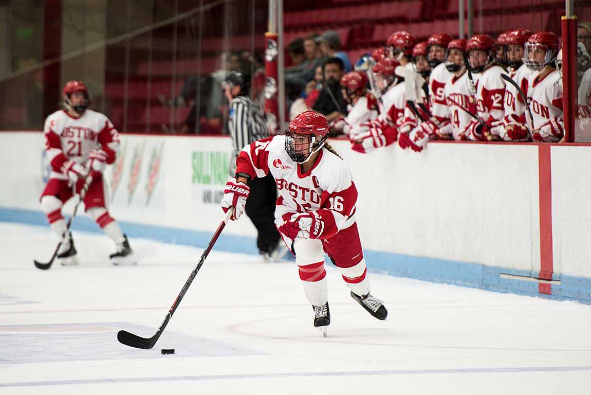 Redshirt junior Sammy Davis in a game against Durham West Lightning Sept. 28. Davis scored Boston University’s second goal of the season Saturday afternoon in a 3-3 draw against Northeastern University, second in a weekend series at home. MAISIE MANSFIELD-GREENWALD/ DAILY FREE PRESS STAFF