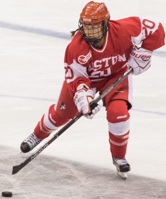 Senior forward Samantha Sutherland is one of the Terriers Coach Brian Durocher hopes will step up this weekend. PHOTO BY JUSTIN HAWK/ DAILY FREE PRESS STAFF