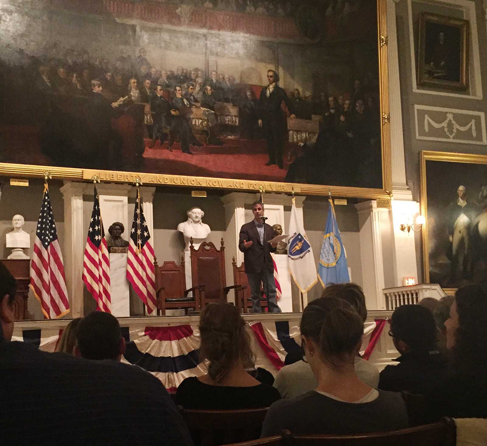 Steve Almond, host of the HUBweek event, "Made in Boston: Stories of Invention and Innovation,” speaks at Faneuil Hall Tuesday night. PHOTO BY MICHAELA JOHNSTON/DAILY FREE PRESS STAFF