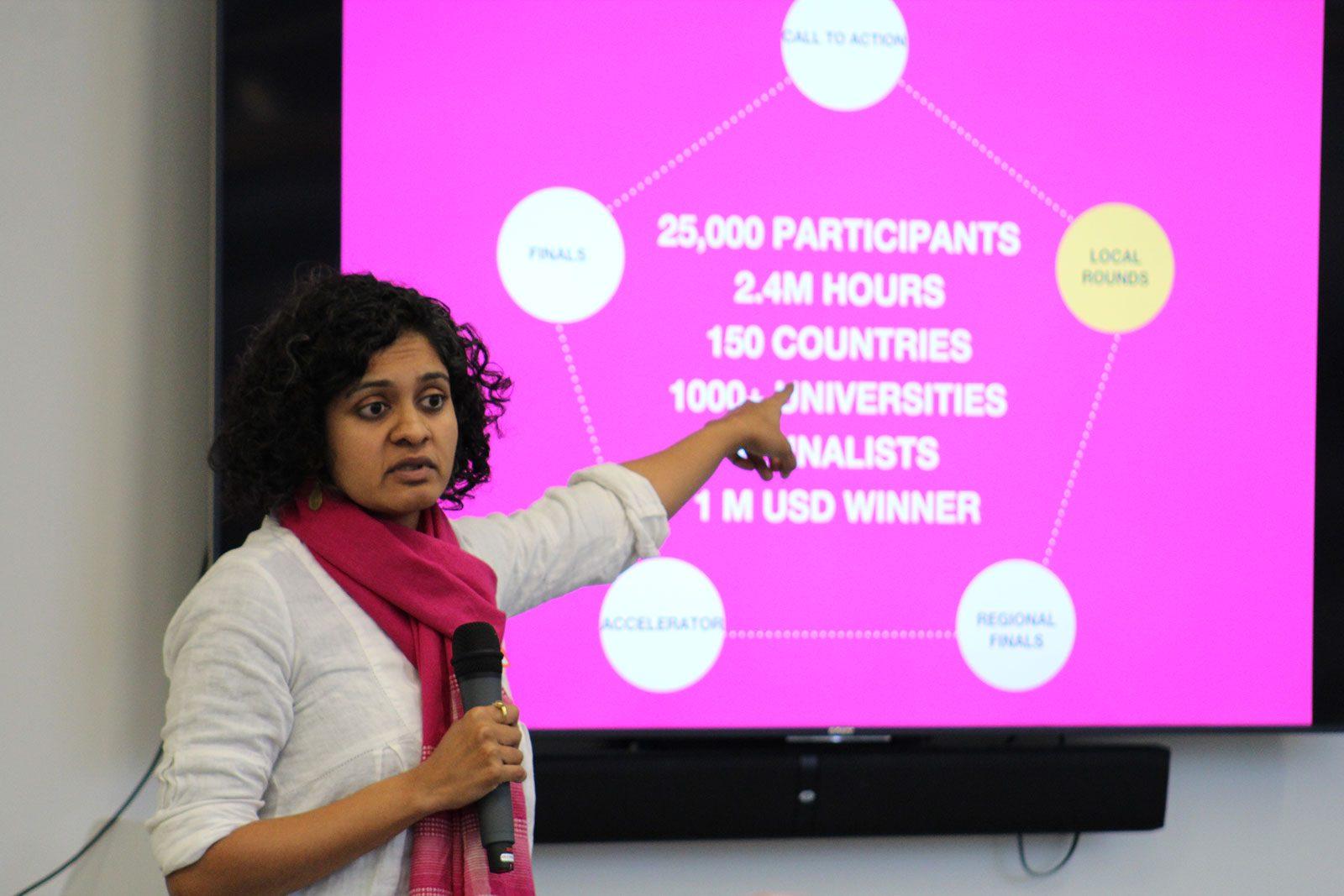 Hult Prize program lead Priya Krishnamoorthy speaks at the competition’s kick-off event Monday night. COURTESY OF AHLEA ISABELLA